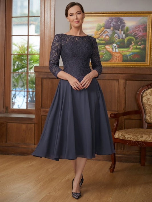 Mariyah A-Line/Princess Chiffon Lace Scoop 3/4 Sleeves Tea-Length Mother of the Bride Dresses DHP0020347