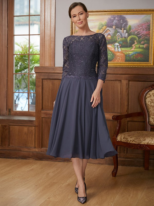 Mariyah A-Line/Princess Chiffon Lace Scoop 3/4 Sleeves Tea-Length Mother of the Bride Dresses DHP0020347