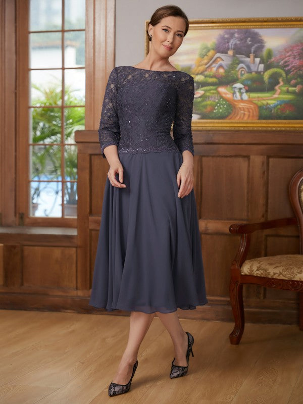 Mariyah A-Line/Princess Chiffon Lace Scoop 3/4 Sleeves Tea-Length Mother of the Bride Dresses DHP0020347