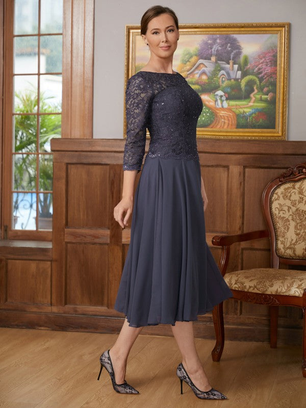 Mariyah A-Line/Princess Chiffon Lace Scoop 3/4 Sleeves Tea-Length Mother of the Bride Dresses DHP0020347