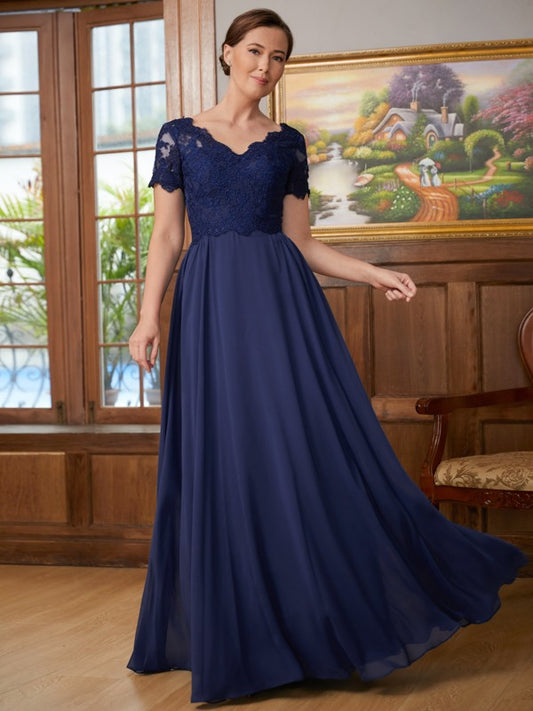 Gracie A-Line/Princess Chiffon Lace V-neck Short Sleeves Floor-Length Mother of the Bride Dresses DHP0020311