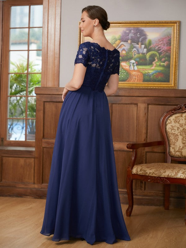 Gracie A-Line/Princess Chiffon Lace V-neck Short Sleeves Floor-Length Mother of the Bride Dresses DHP0020311