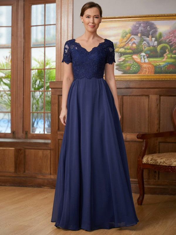 Gracie A-Line/Princess Chiffon Lace V-neck Short Sleeves Floor-Length Mother of the Bride Dresses DHP0020311