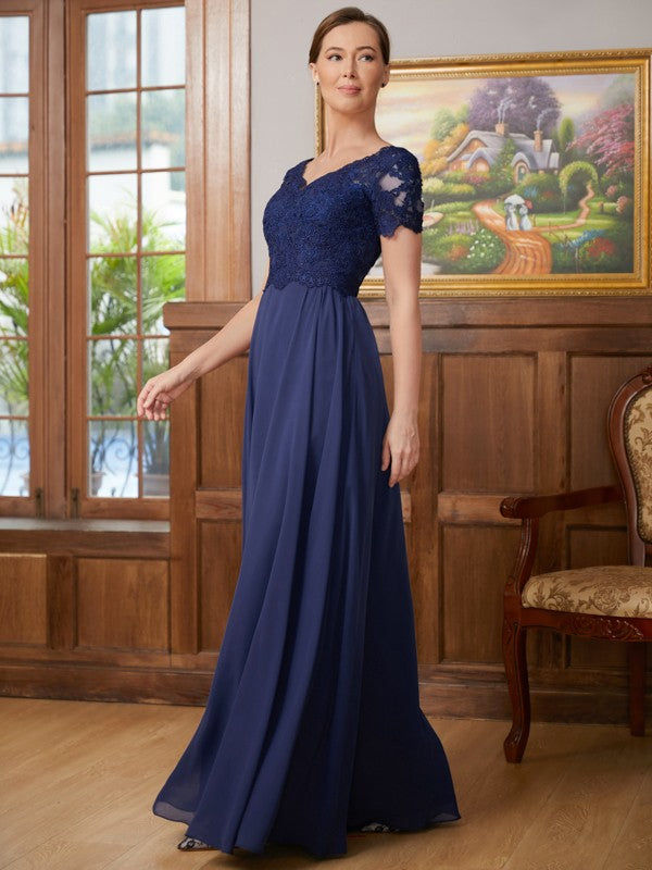 Gracie A-Line/Princess Chiffon Lace V-neck Short Sleeves Floor-Length Mother of the Bride Dresses DHP0020311