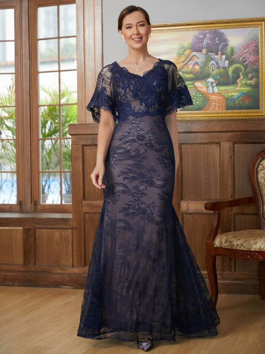 Kaley Sheath/Column Silk like Satin Lace V-neck Short Sleeves Floor-Length Mother of the Bride Dresses DHP0020338