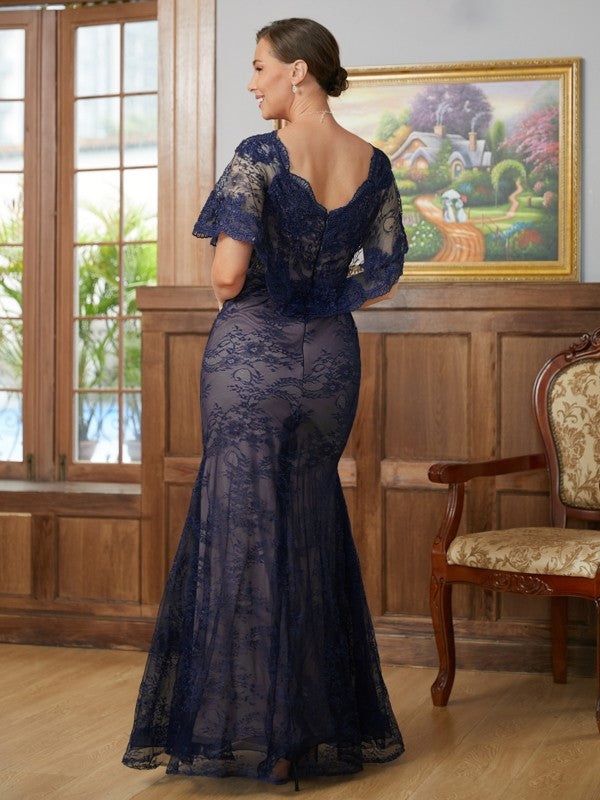 Kaley Sheath/Column Silk like Satin Lace V-neck Short Sleeves Floor-Length Mother of the Bride Dresses DHP0020338