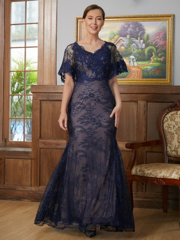 Kaley Sheath/Column Silk like Satin Lace V-neck Short Sleeves Floor-Length Mother of the Bride Dresses DHP0020338