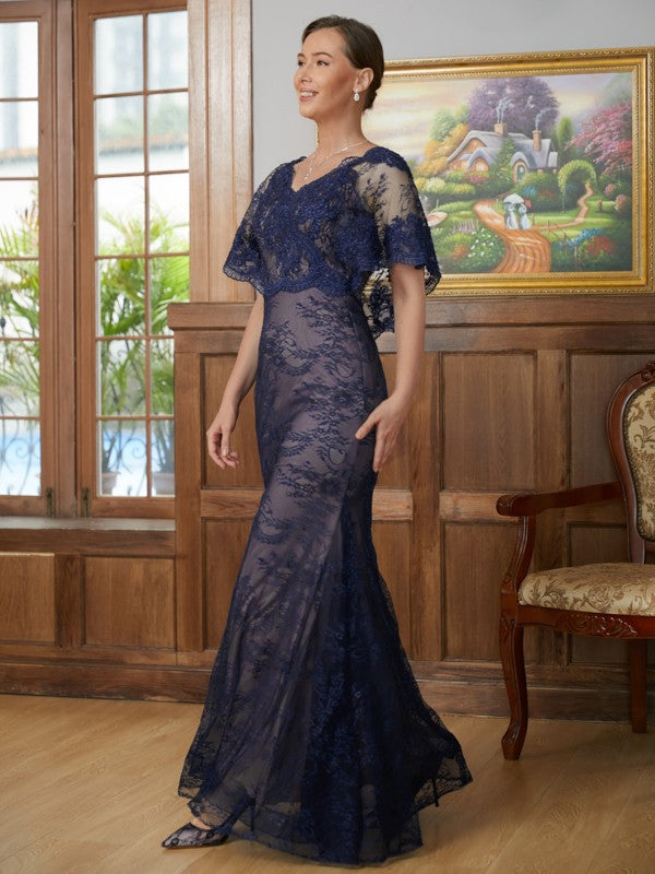 Kaley Sheath/Column Silk like Satin Lace V-neck Short Sleeves Floor-Length Mother of the Bride Dresses DHP0020338