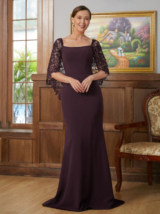 Olive Sheath/Column Stretch Crepe Lace Square 1/2 Sleeves Sweep/Brush Train Mother of the Bride Dresses DHP0020329