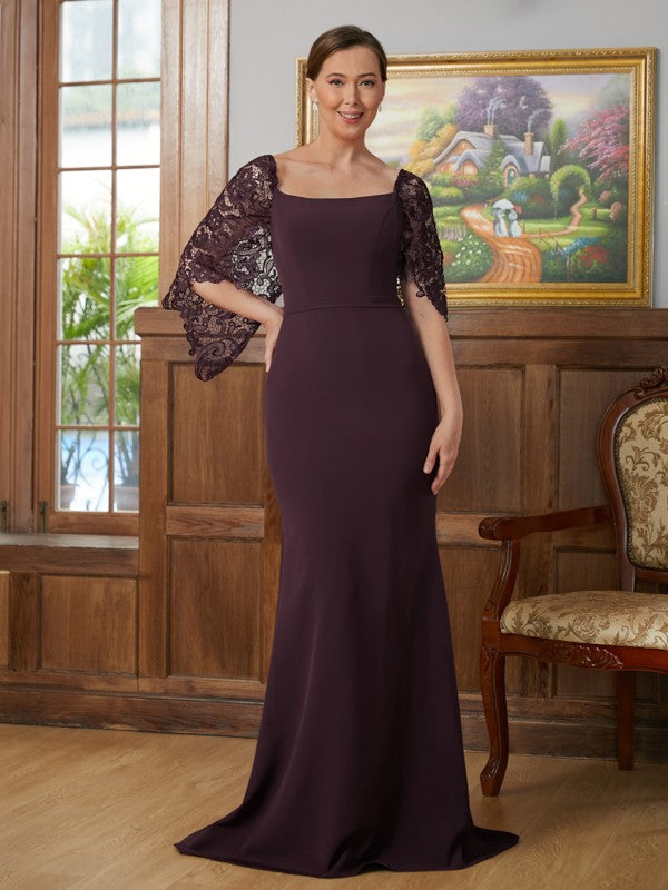 Olive Sheath/Column Stretch Crepe Lace Square 1/2 Sleeves Sweep/Brush Train Mother of the Bride Dresses DHP0020329