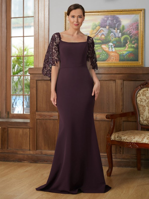 Olive Sheath/Column Stretch Crepe Lace Square 1/2 Sleeves Sweep/Brush Train Mother of the Bride Dresses DHP0020329