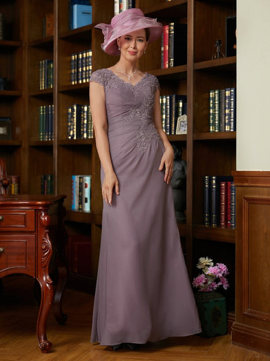 Beatrice Sheath/Column Chiffon Lace V-neck Short Sleeves Floor-Length Mother of the Bride Dresses DHP0020339