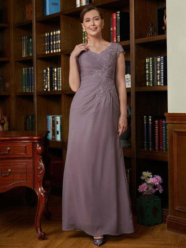 Beatrice Sheath/Column Chiffon Lace V-neck Short Sleeves Floor-Length Mother of the Bride Dresses DHP0020339