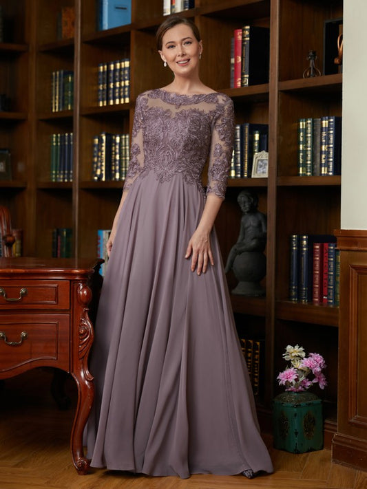 Carley A-Line/Princess Chiffon Lace Scoop 3/4 Sleeves Floor-Length Mother of the Bride Dresses DHP0020301