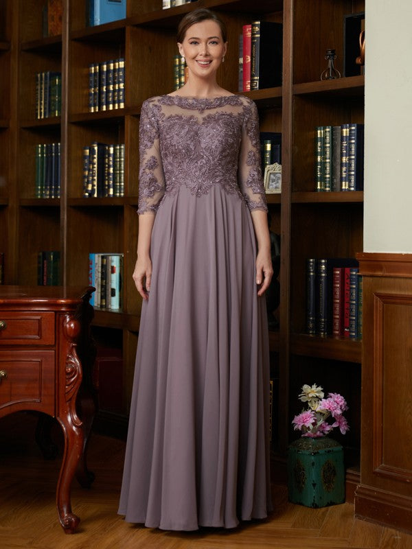 Carley A-Line/Princess Chiffon Lace Scoop 3/4 Sleeves Floor-Length Mother of the Bride Dresses DHP0020301