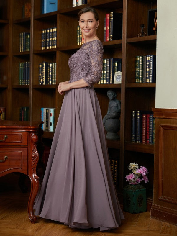 Carley A-Line/Princess Chiffon Lace Scoop 3/4 Sleeves Floor-Length Mother of the Bride Dresses DHP0020301