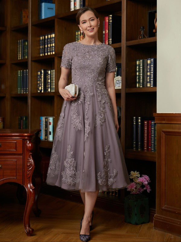 Kaya A-Line/Princess Chiffon Lace Scoop Short Sleeves Tea-Length Mother of the Bride Dresses DHP0020302