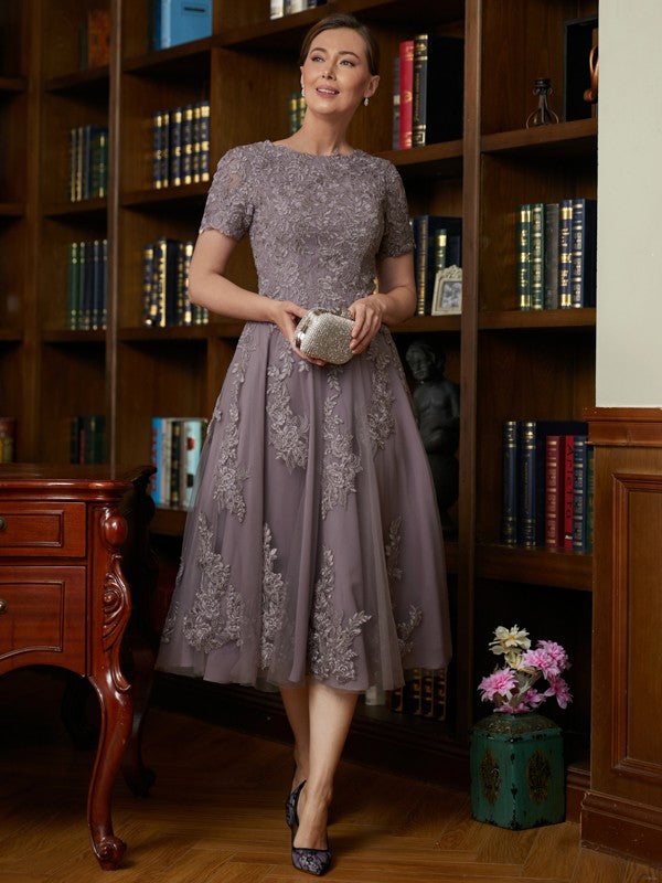 Kaya A-Line/Princess Chiffon Lace Scoop Short Sleeves Tea-Length Mother of the Bride Dresses DHP0020302