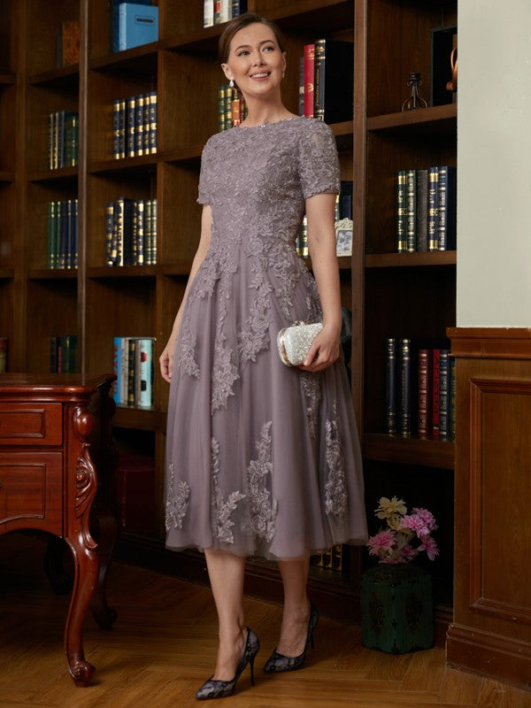 Kaya A-Line/Princess Chiffon Lace Scoop Short Sleeves Tea-Length Mother of the Bride Dresses DHP0020302