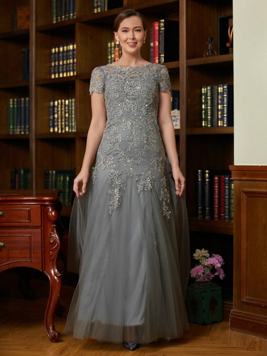 Sandy A-Line/Princess Tulle Lace Scoop Short Sleeves Floor-Length Mother of the Bride Dresses DHP0020310