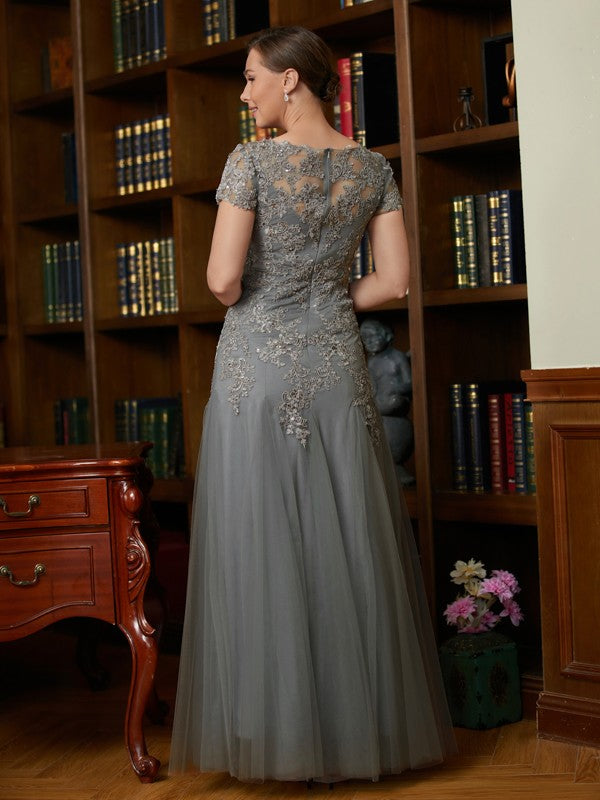 Sandy A-Line/Princess Tulle Lace Scoop Short Sleeves Floor-Length Mother of the Bride Dresses DHP0020310