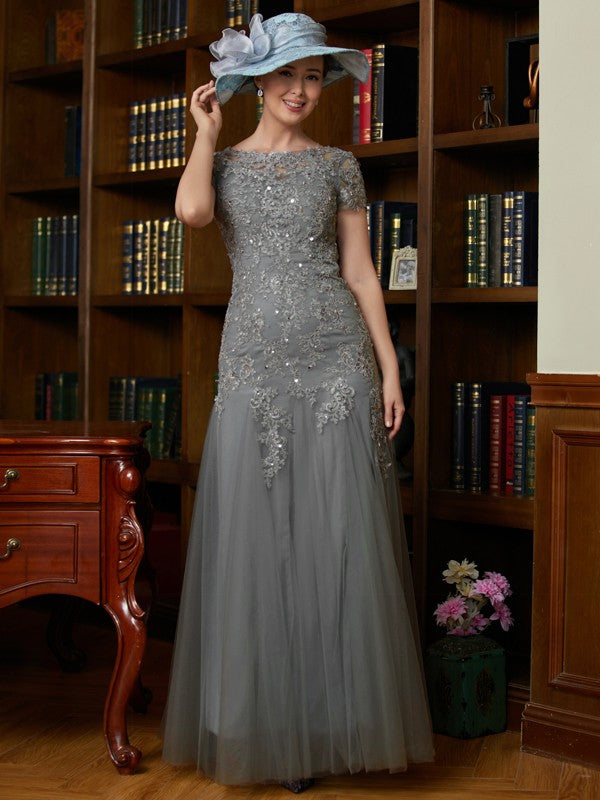 Sandy A-Line/Princess Tulle Lace Scoop Short Sleeves Floor-Length Mother of the Bride Dresses DHP0020310