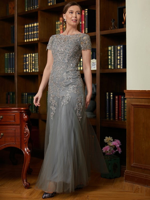 Sandy A-Line/Princess Tulle Lace Scoop Short Sleeves Floor-Length Mother of the Bride Dresses DHP0020310