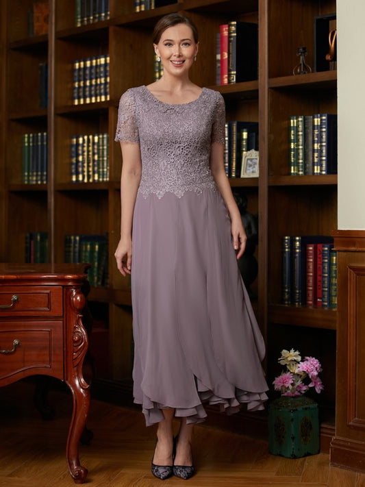 Skylar A-Line/Princess Chiffon Lace Scoop Short Sleeves Ankle-Length Mother of the Bride Dresses DHP0020353