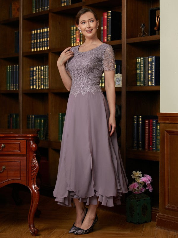 Skylar A-Line/Princess Chiffon Lace Scoop Short Sleeves Ankle-Length Mother of the Bride Dresses DHP0020353