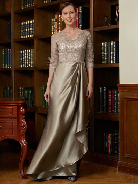 Abigail A-Line/Princess Silk Like Satin Lace V-neck 3/4 Sleeves Sweep/Brush Train Mother of the Bride Dresses DHP0020342