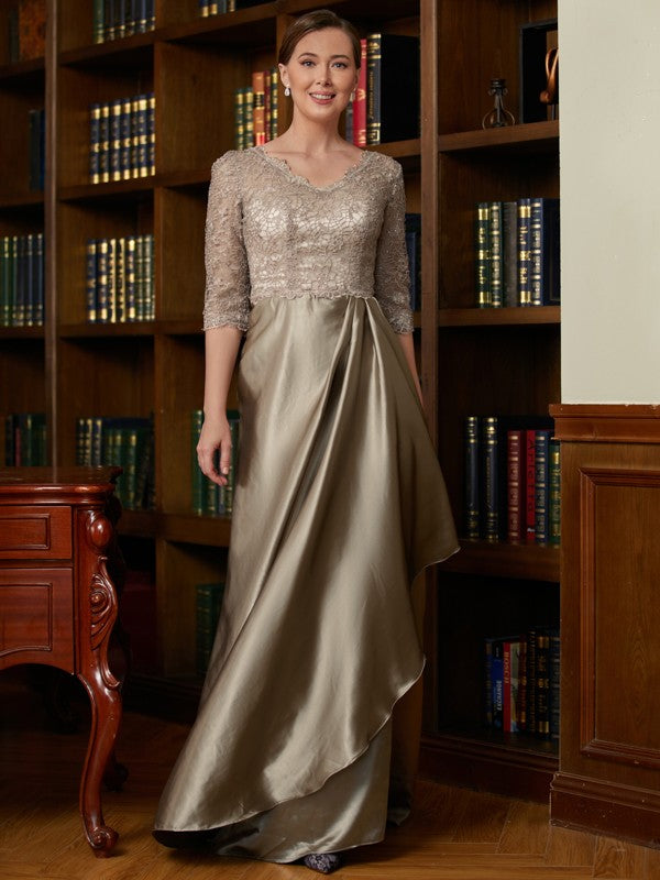 Abigail A-Line/Princess Silk Like Satin Lace V-neck 3/4 Sleeves Sweep/Brush Train Mother of the Bride Dresses DHP0020342