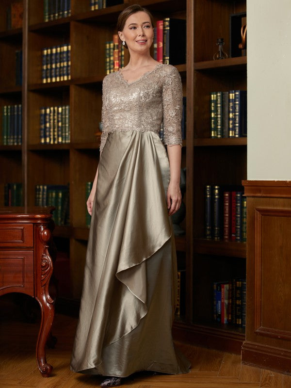 Abigail A-Line/Princess Silk Like Satin Lace V-neck 3/4 Sleeves Sweep/Brush Train Mother of the Bride Dresses DHP0020342