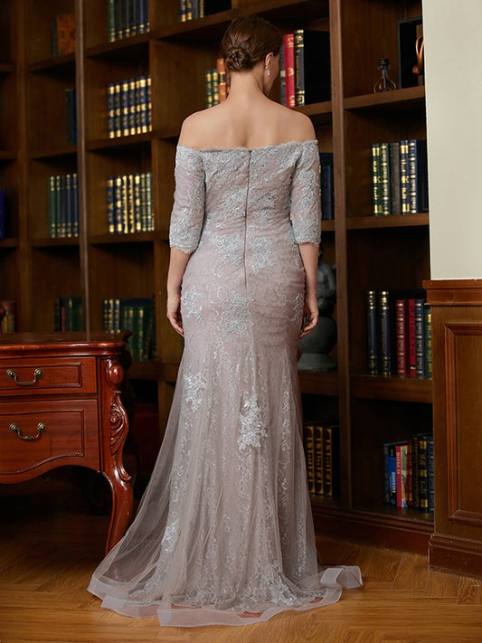 Dylan Sheath/Column Lace Applique Off-the-Shoulder 3/4 Sleeves Sweep/Brush Train Mother of the Bride Dresses DHP0020331