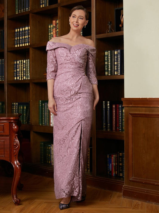 Reyna Sheath/Column Satin Lace Off-the-Shoulder 3/4 Sleeves Floor-Length Mother of the Bride Dresses DHP0020343