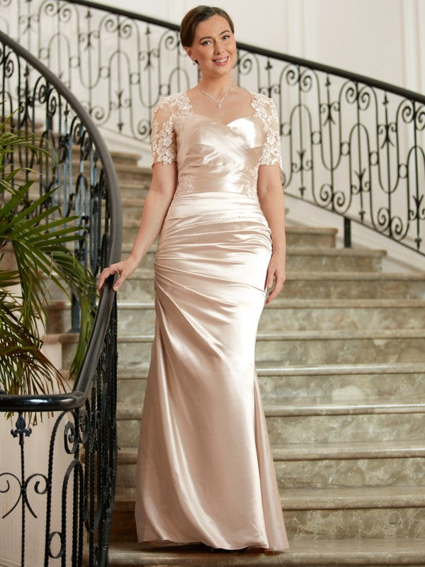 Gemma Sheath/Column Satin Lace Sweetheart Short Sleeves Floor-Length Mother of the Bride Dresses DHP0020314