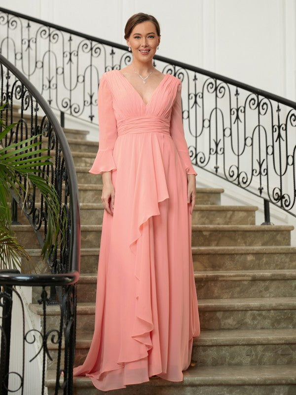 Britney A-Line/Princess Chiffon Ruched V-neck Long Sleeves Sweep/Brush Train Mother of the Bride Dresses DHP0020305