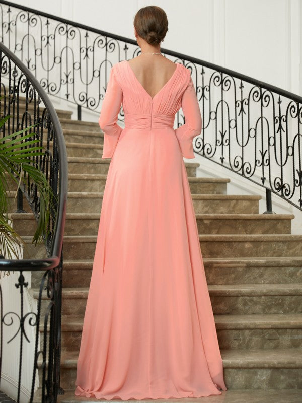 Britney A-Line/Princess Chiffon Ruched V-neck Long Sleeves Sweep/Brush Train Mother of the Bride Dresses DHP0020305