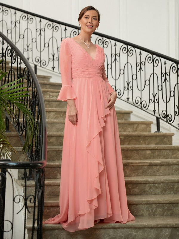 Britney A-Line/Princess Chiffon Ruched V-neck Long Sleeves Sweep/Brush Train Mother of the Bride Dresses DHP0020305