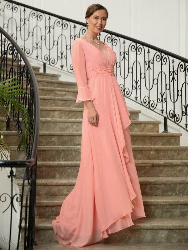 Britney A-Line/Princess Chiffon Ruched V-neck Long Sleeves Sweep/Brush Train Mother of the Bride Dresses DHP0020305