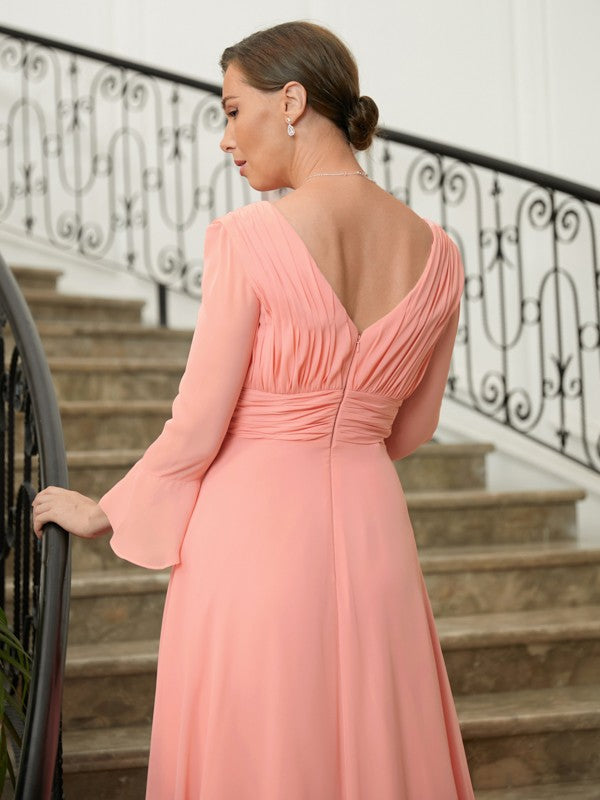 Britney A-Line/Princess Chiffon Ruched V-neck Long Sleeves Sweep/Brush Train Mother of the Bride Dresses DHP0020305