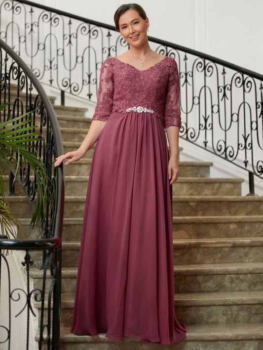 Lilianna A-Line/Princess Chiffon Lace V-neck 3/4 Sleeves Floor-Length Mother of the Bride Dresses DHP0020306