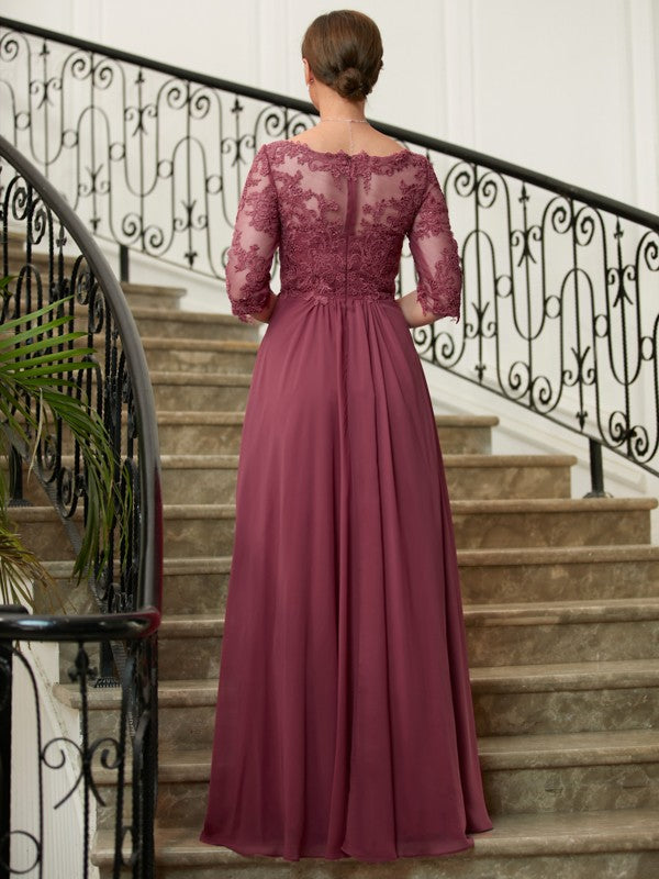 Lilianna A-Line/Princess Chiffon Lace V-neck 3/4 Sleeves Floor-Length Mother of the Bride Dresses DHP0020306