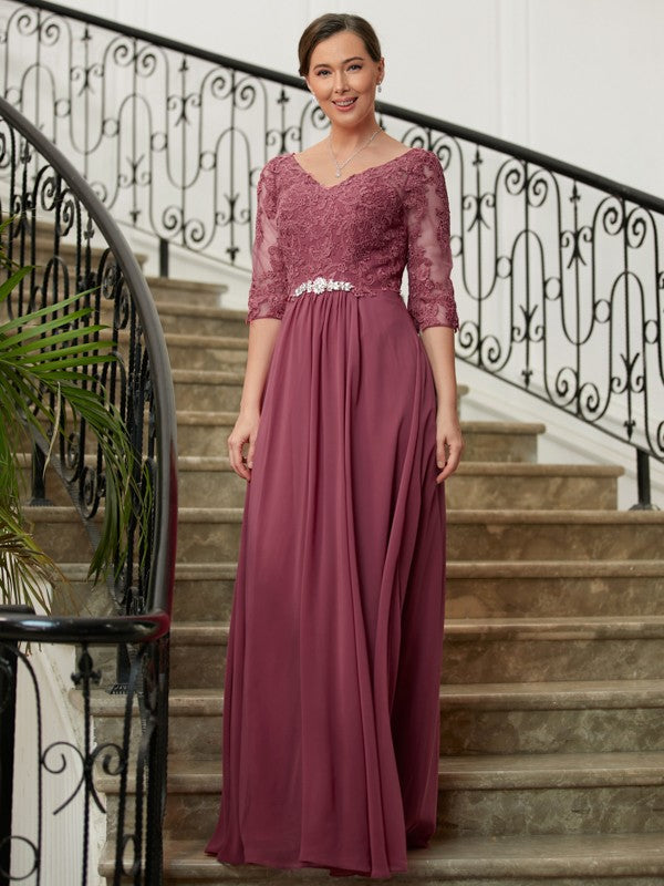 Lilianna A-Line/Princess Chiffon Lace V-neck 3/4 Sleeves Floor-Length Mother of the Bride Dresses DHP0020306