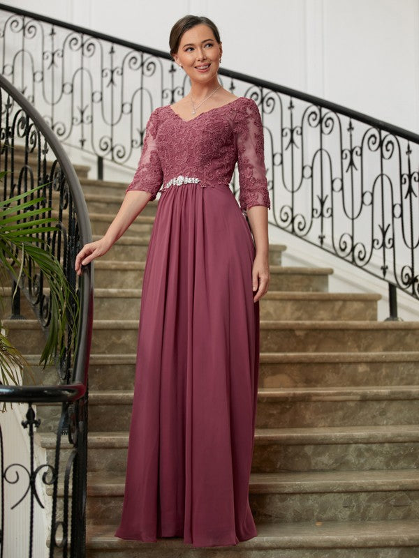 Lilianna A-Line/Princess Chiffon Lace V-neck 3/4 Sleeves Floor-Length Mother of the Bride Dresses DHP0020306