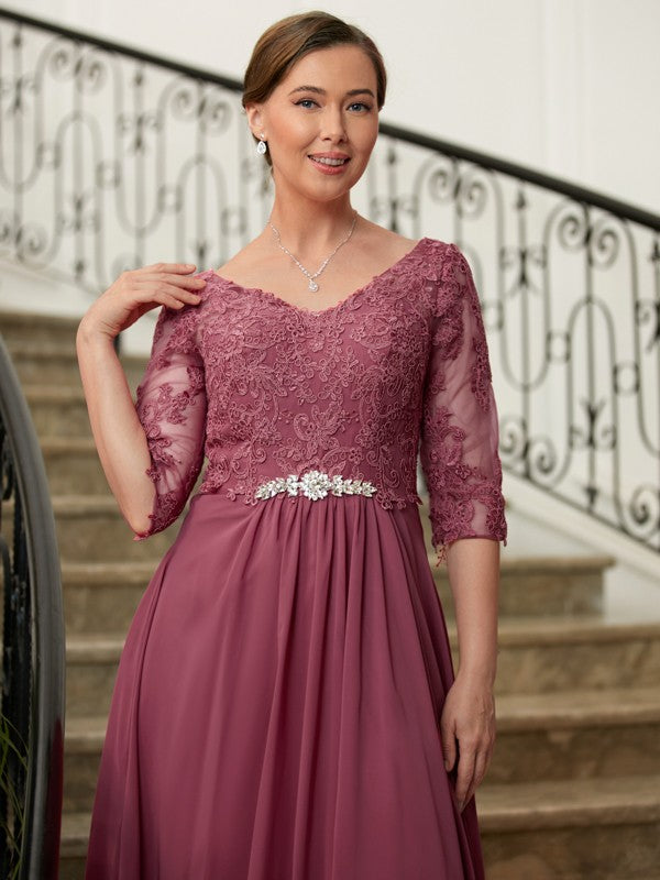 Lilianna A-Line/Princess Chiffon Lace V-neck 3/4 Sleeves Floor-Length Mother of the Bride Dresses DHP0020306