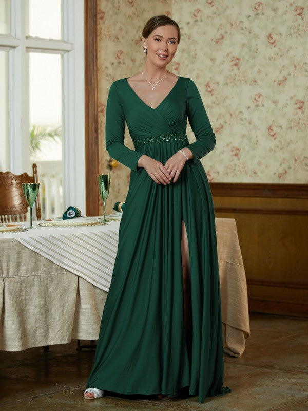 Willow A-Line/Princess Jersey Beading V-neck Long Sleeves Sweep/Brush Train Mother of the Bride Dresses DHP0020357