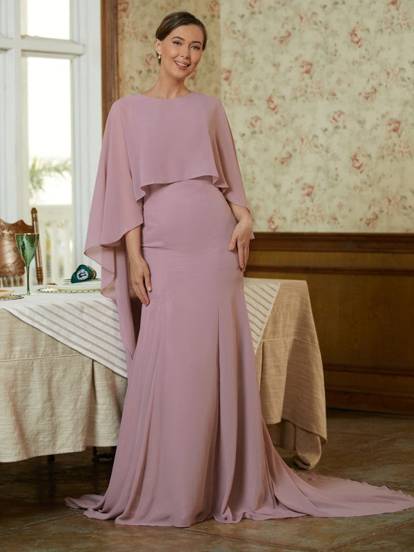 Isis Sheath/Column Chiffon Ruffles Scoop Long Sleeves Sweep/Brush Train Mother of the Bride Dresses DHP0020360