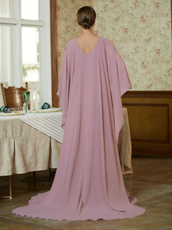 Isis Sheath/Column Chiffon Ruffles Scoop Long Sleeves Sweep/Brush Train Mother of the Bride Dresses DHP0020360