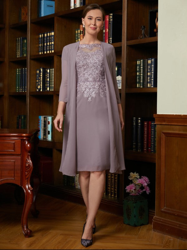 Alexis Sheath/Column Chiffon Lace Scoop Short Sleeves Knee-Length Mother of the Bride Dresses DHP0020316