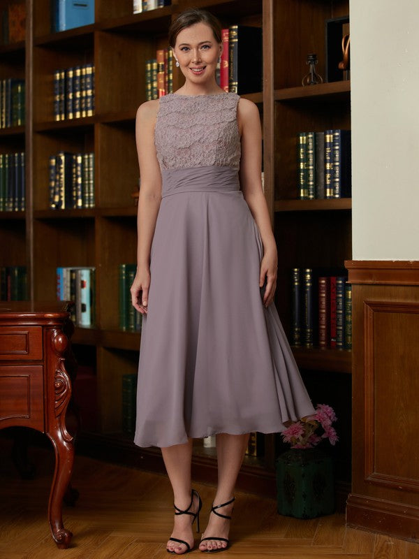 Victoria A-Line/Princess Chiffon Lace Scoop Sleeveless Tea-Length Mother of the Bride Dresses DHP0020366